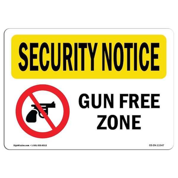 Safety Sign, OSHA SECURITY NOTICE, 3.5" Height, 5" Width, Gun Free Zone, Landscape, 10PK